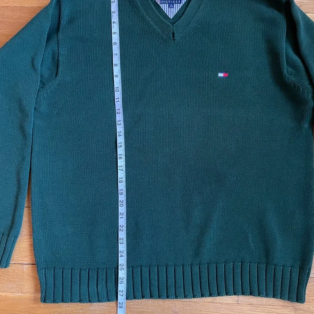 Vintage Tommy Hilfiger V-Neck Sweater Forest Green 100% Cotton Size XL